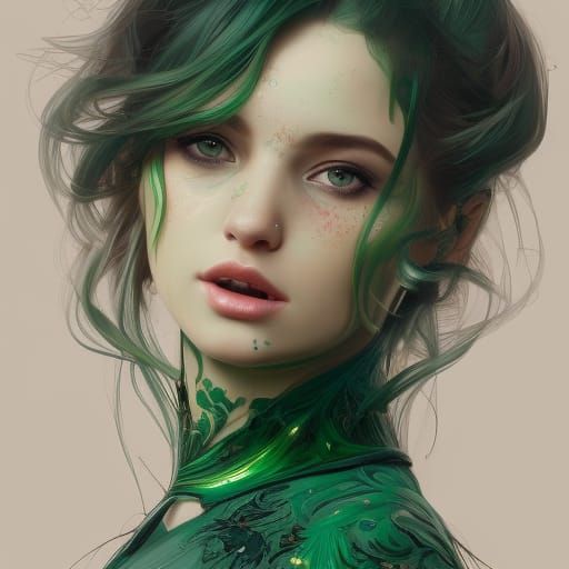 Green Prom Dress Portrait in Art Nouveau Style