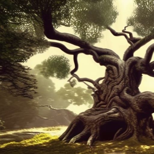 Knarled Oak Tree with Hidden Owl, Dark Fantasy