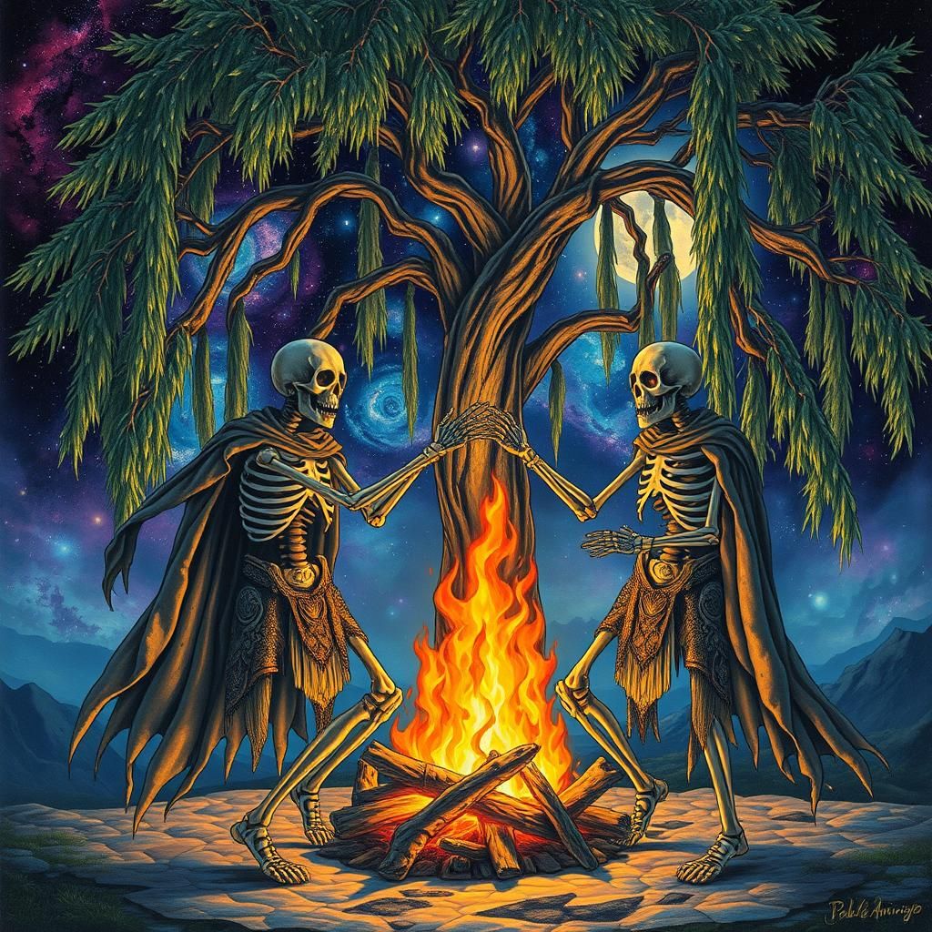 Medieval Skeletons Dancing Under Astral Willow Tree