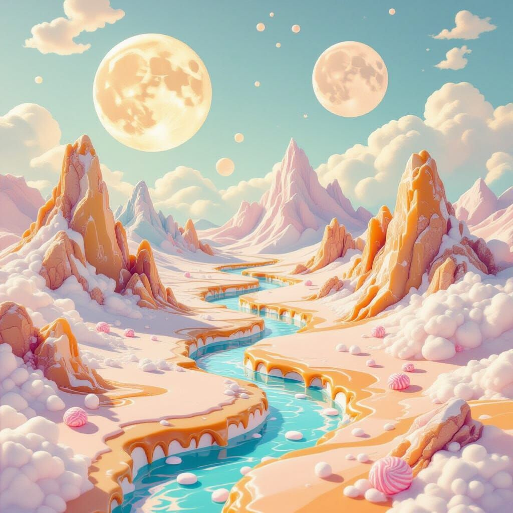 Surreal Candy Landscape with Spun Sugar Clouds