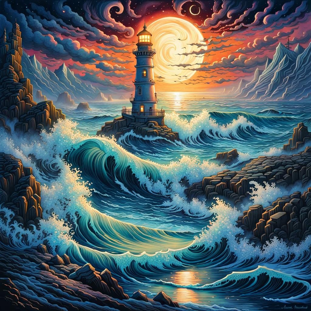 Chaotic Winter Seascape Lighthouse in Watercolor