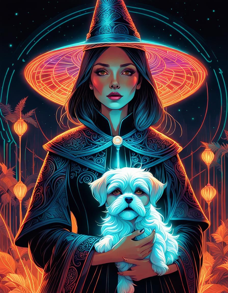 Neon Witch Portrait with Shih Tzu Dog