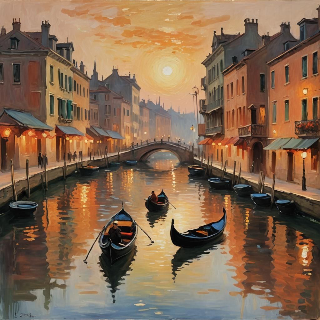 Venice Gondola at Sunset in Impressionist Style
