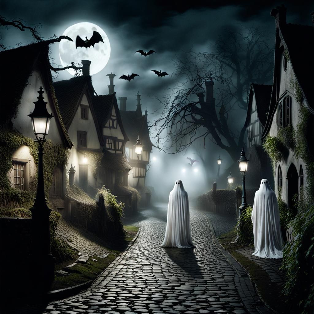Haunted Village with Ghostly Figures in Fantasy Art