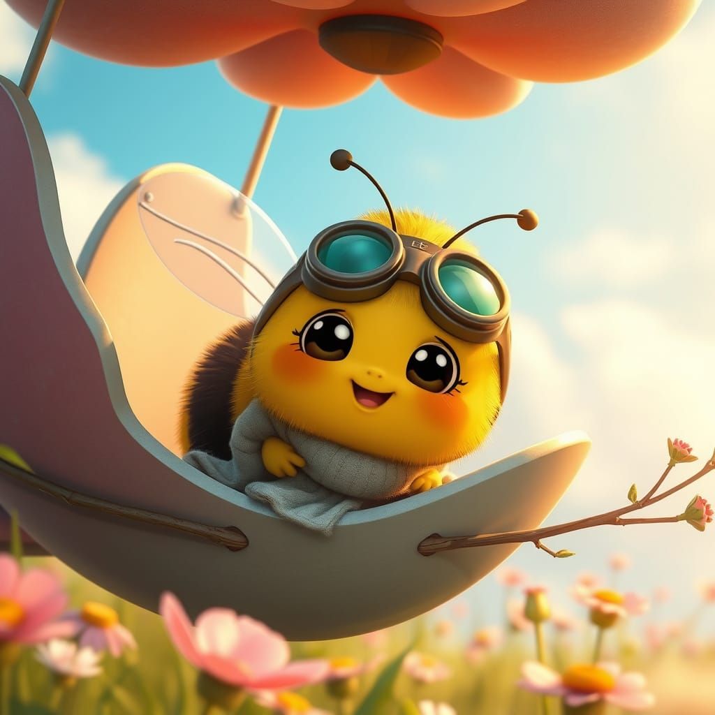 Cartoon Bee in Flower Airship, Whimsical Digital Art