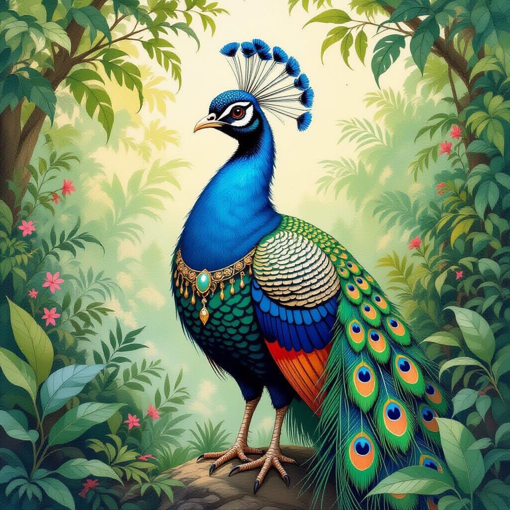 Human-Peafowl Hybrid in Lush Fantasy Setting