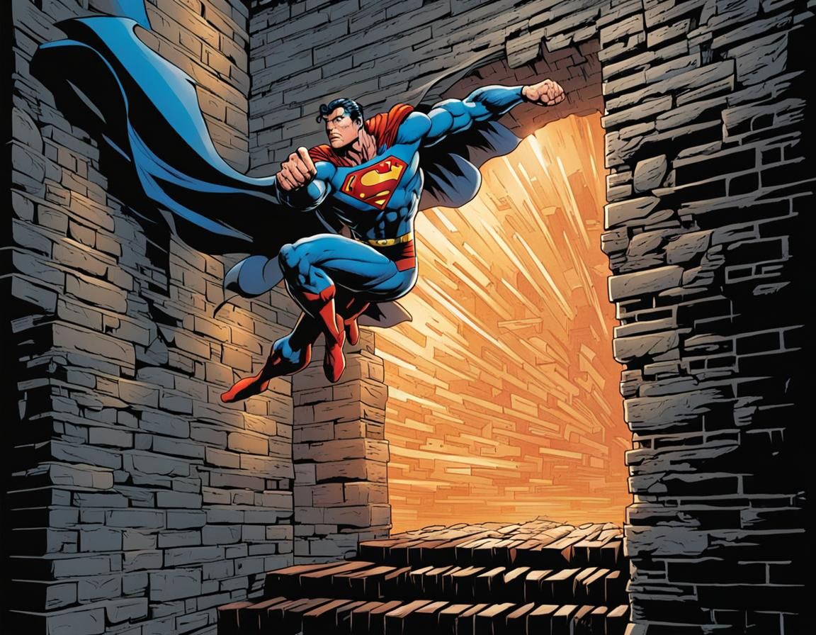 Superman flies through brick wall