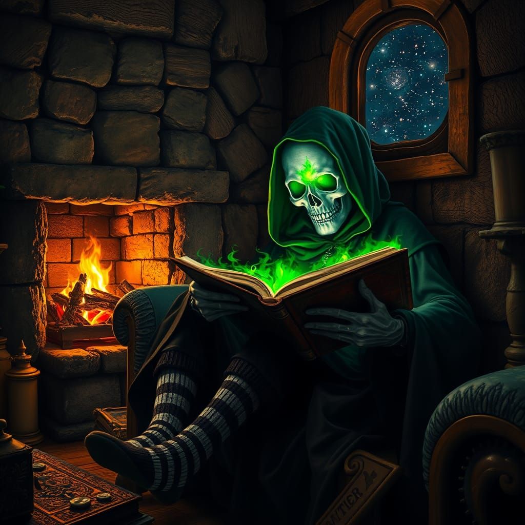 Hyperrealistic Grim Reaper Reading by Firelight