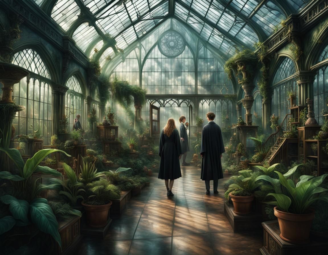 Students from Hogwarts in a greenhouse