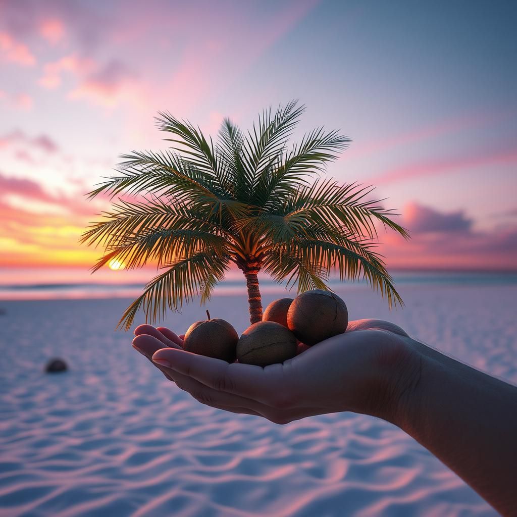 Palm Tree in Hand at Sunset, Photorealistic CGI