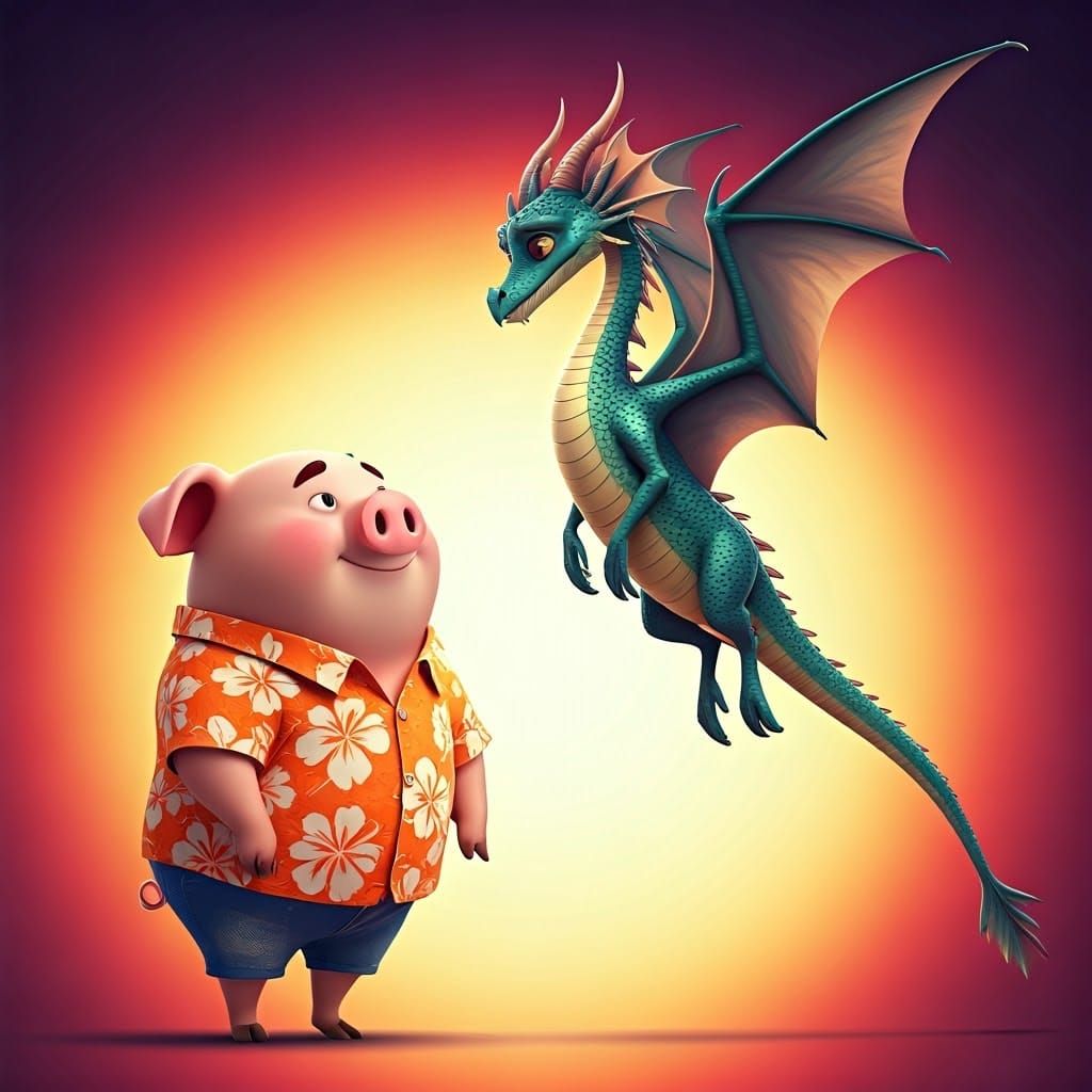 Pig's Dragon Love: Whimsical 3D Digital Art