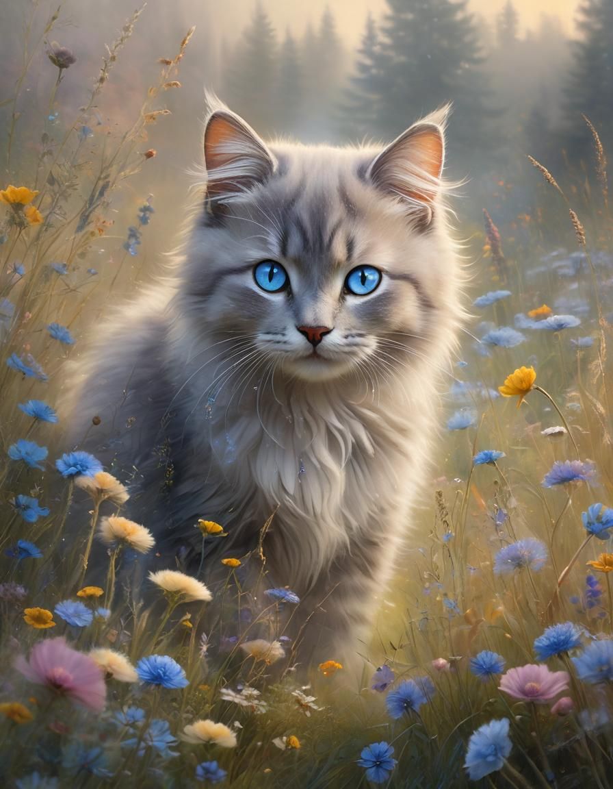 Cute Gray Kitten in Misty Meadow