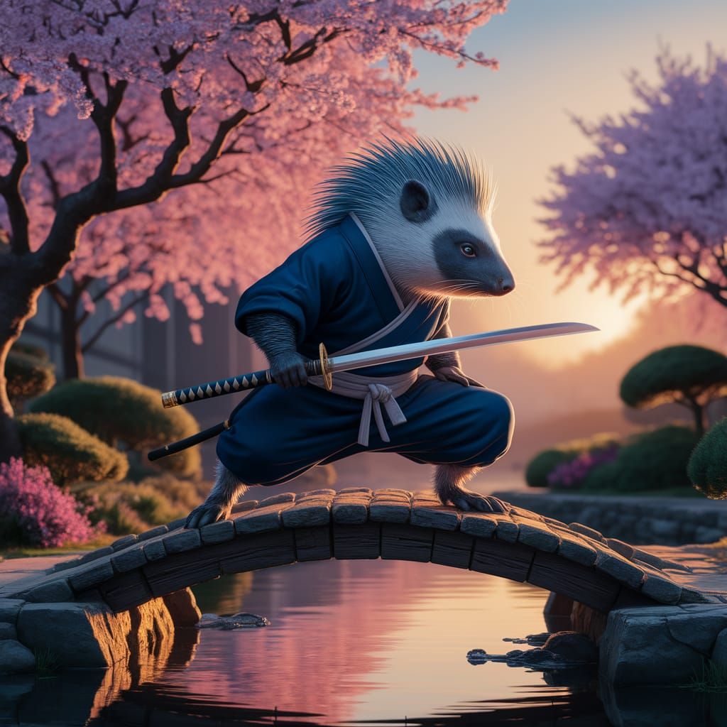Ninja Porcupine in Japanese Garden, Digital Art