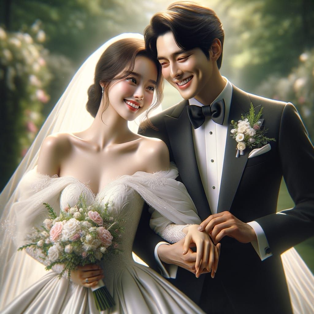 Joyful Korean Wedding Couple in Garden, Romantic Cinematic S...