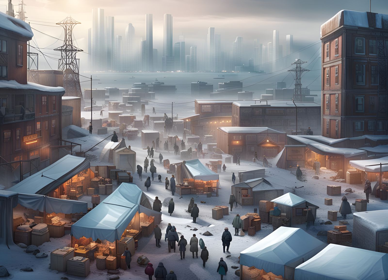 Dystopian Arctic Megacity Market with Skyscrapers