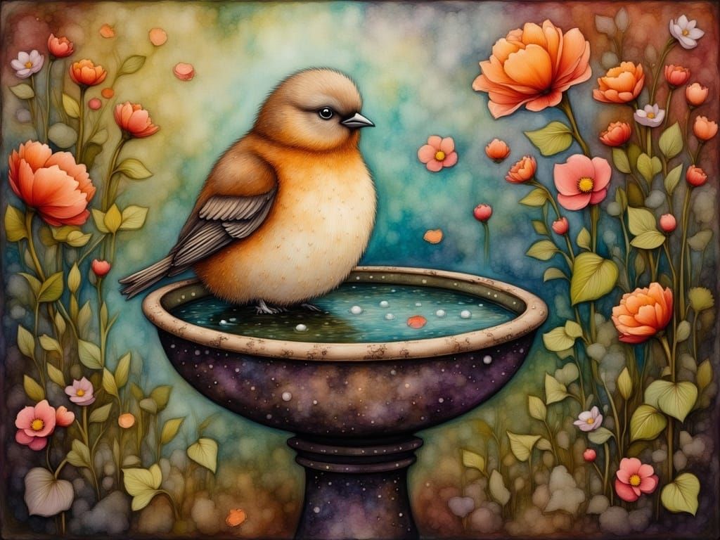 Vibrant Dark Bird Bath in Papier-Mâché Silk Collage Style