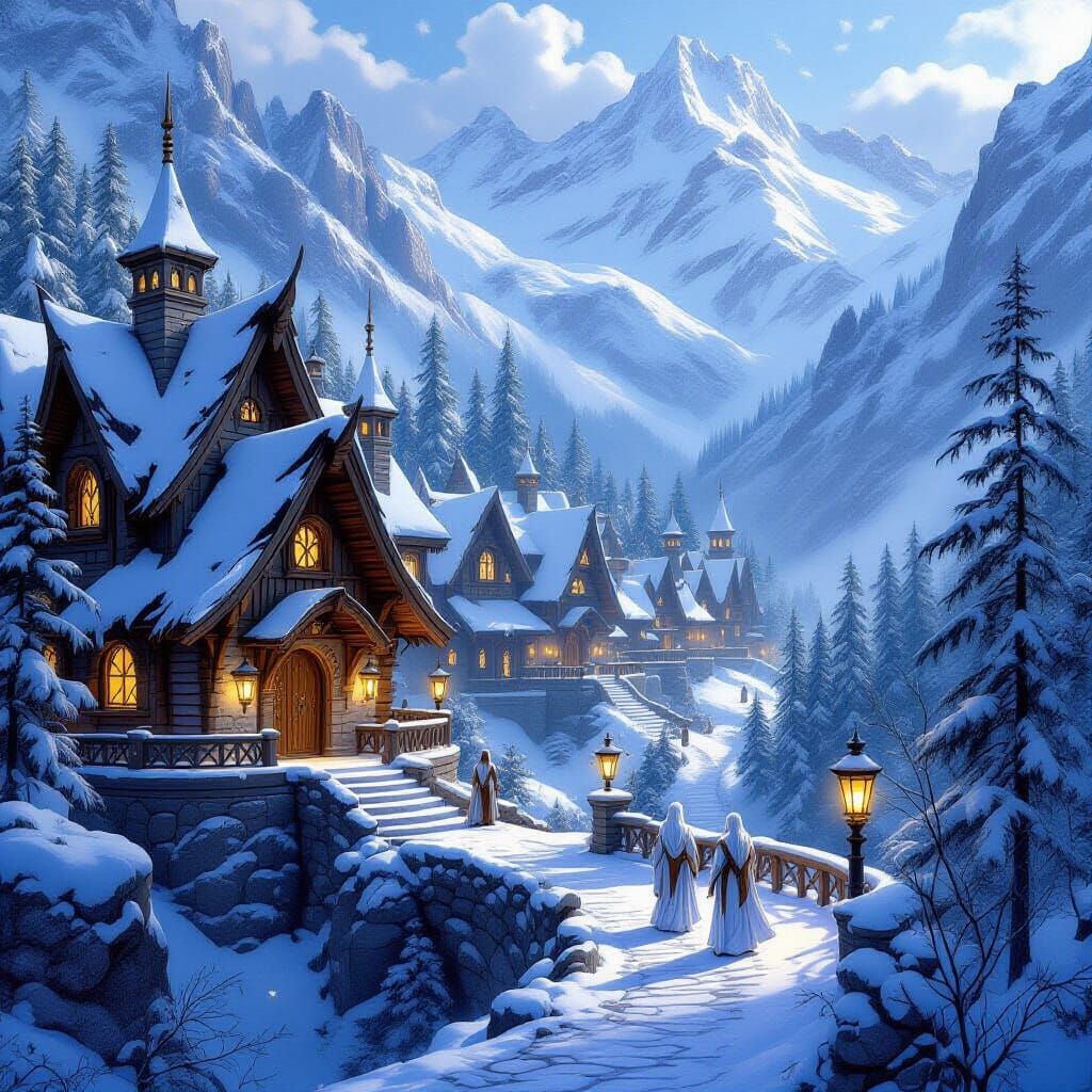 Elven Village in Snow-Capped Mountains, Art Nouveau Style