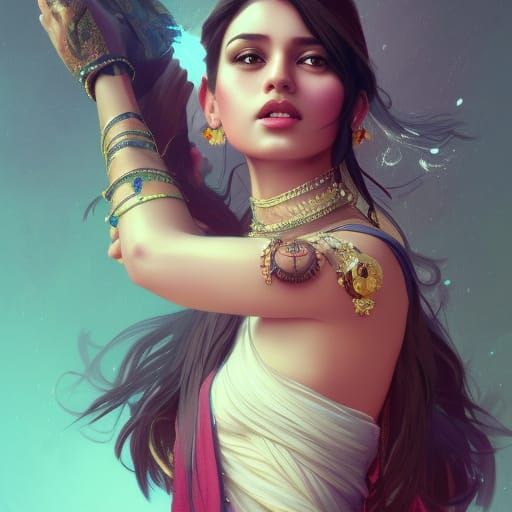 Hyperdetailed Portrait: Indian Gaming Girl in Art Nouveau St...