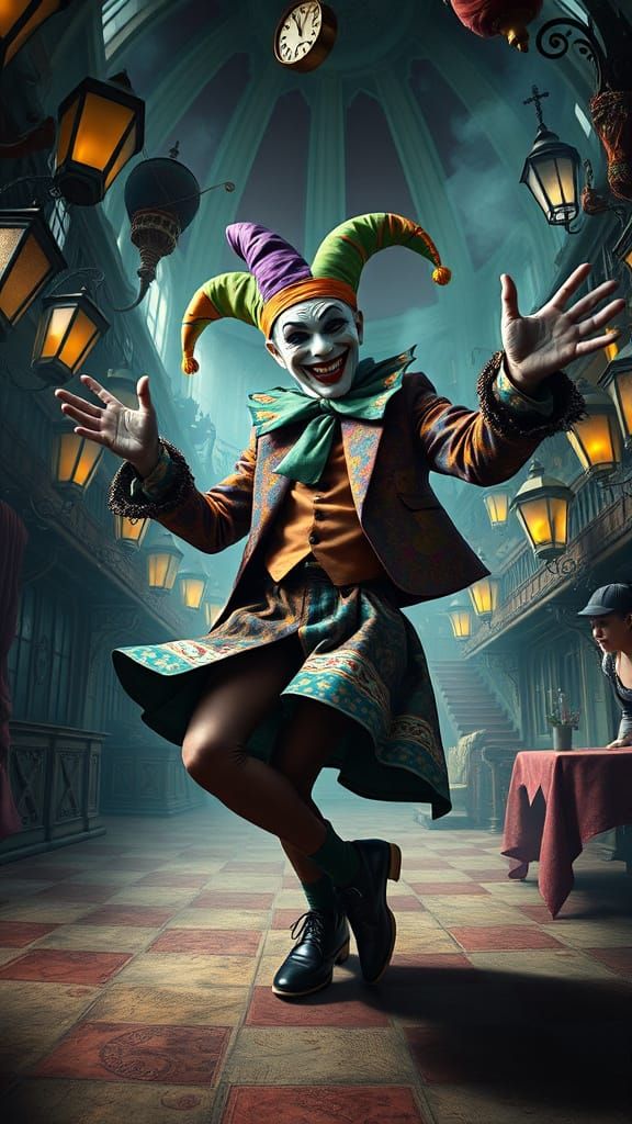 Mischievous Jester Dances in Surreal Carnival