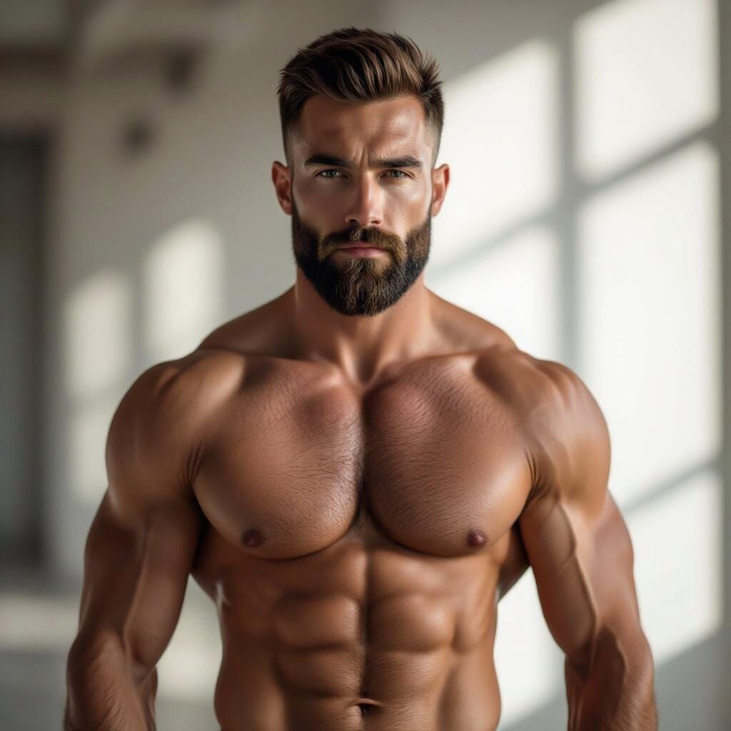 Muscular Man With Beard, Hairy Chest and Arms