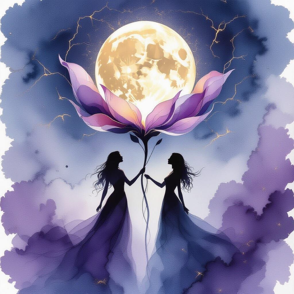 Alcohol Ink Art: Two friends stand beneath a moon-shaped blo...