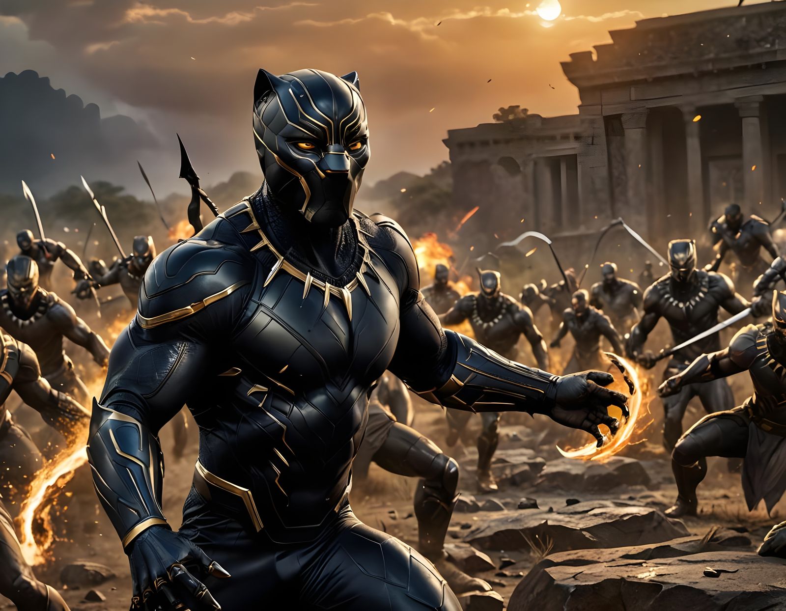 Black Panther in Battle: Hyperrealistic Gold and Black Portr...