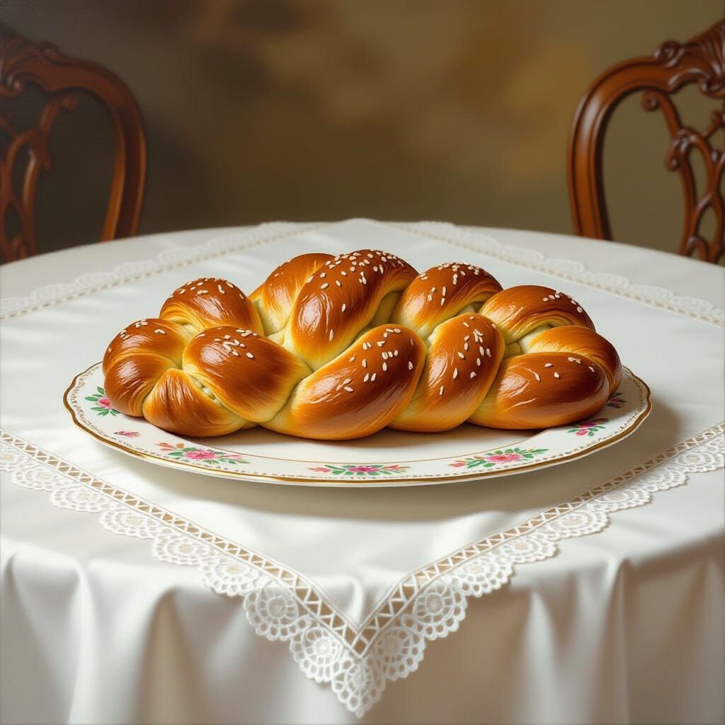 Golden Braided Challah on Elegant Table