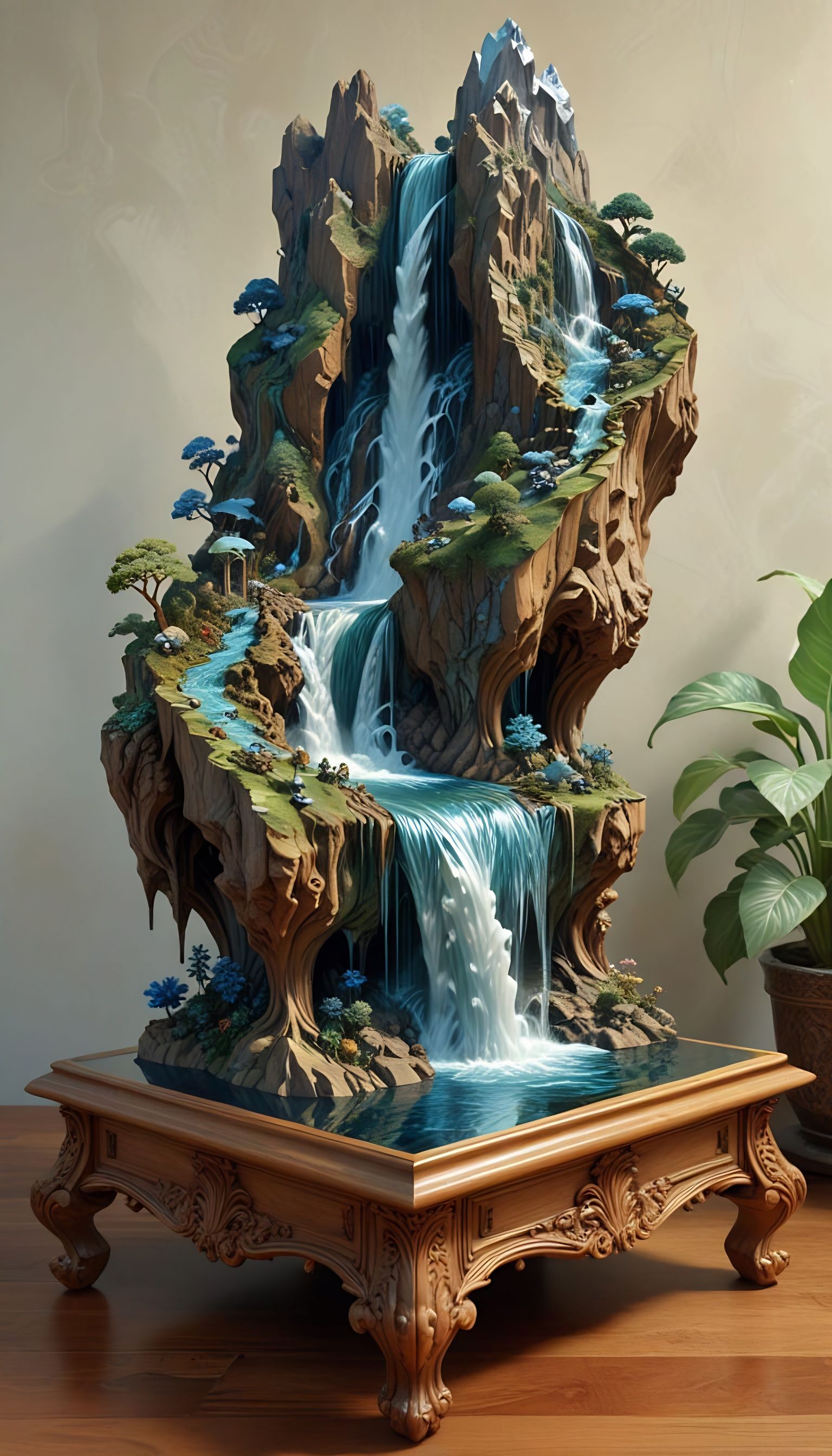 Majestic Cubist Hologram of a Tabletop Waterfall