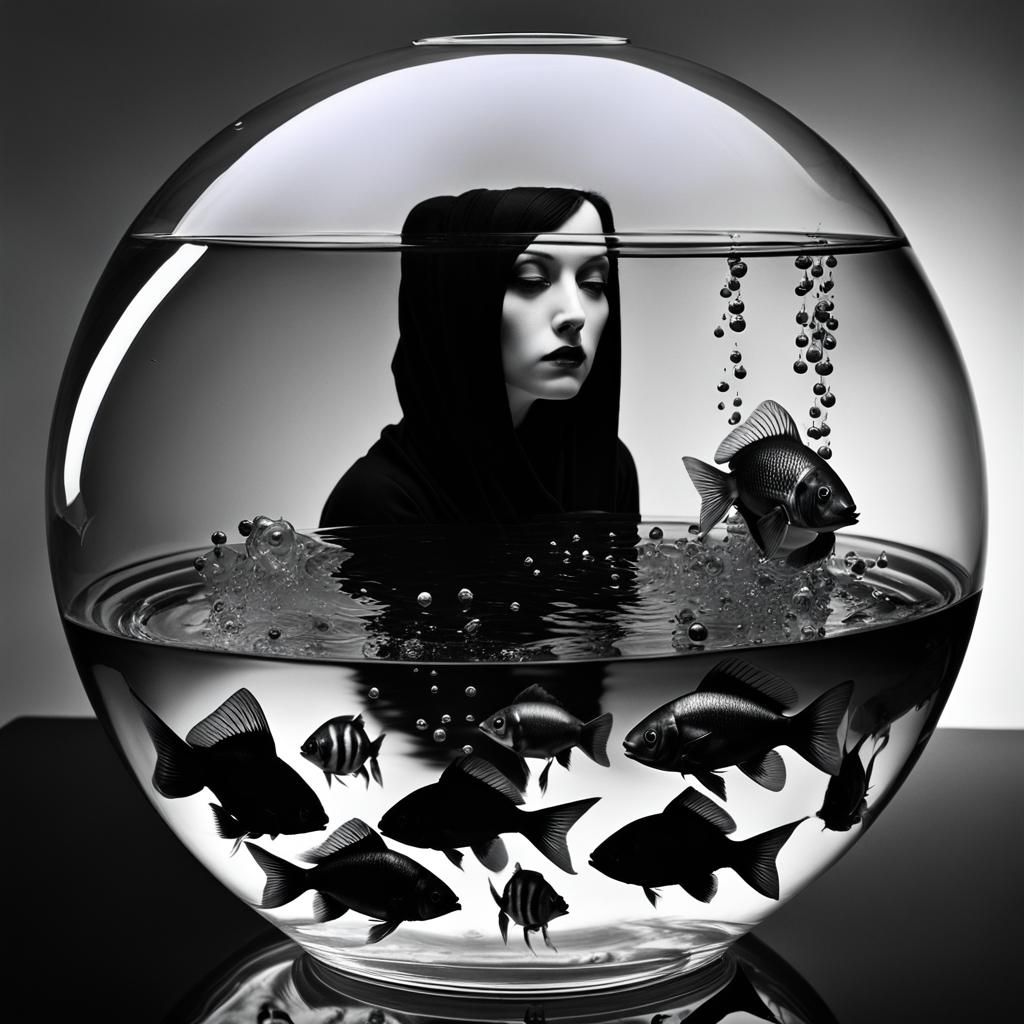 Gothic Woman in Surreal Fishbowl, Rayograph Style