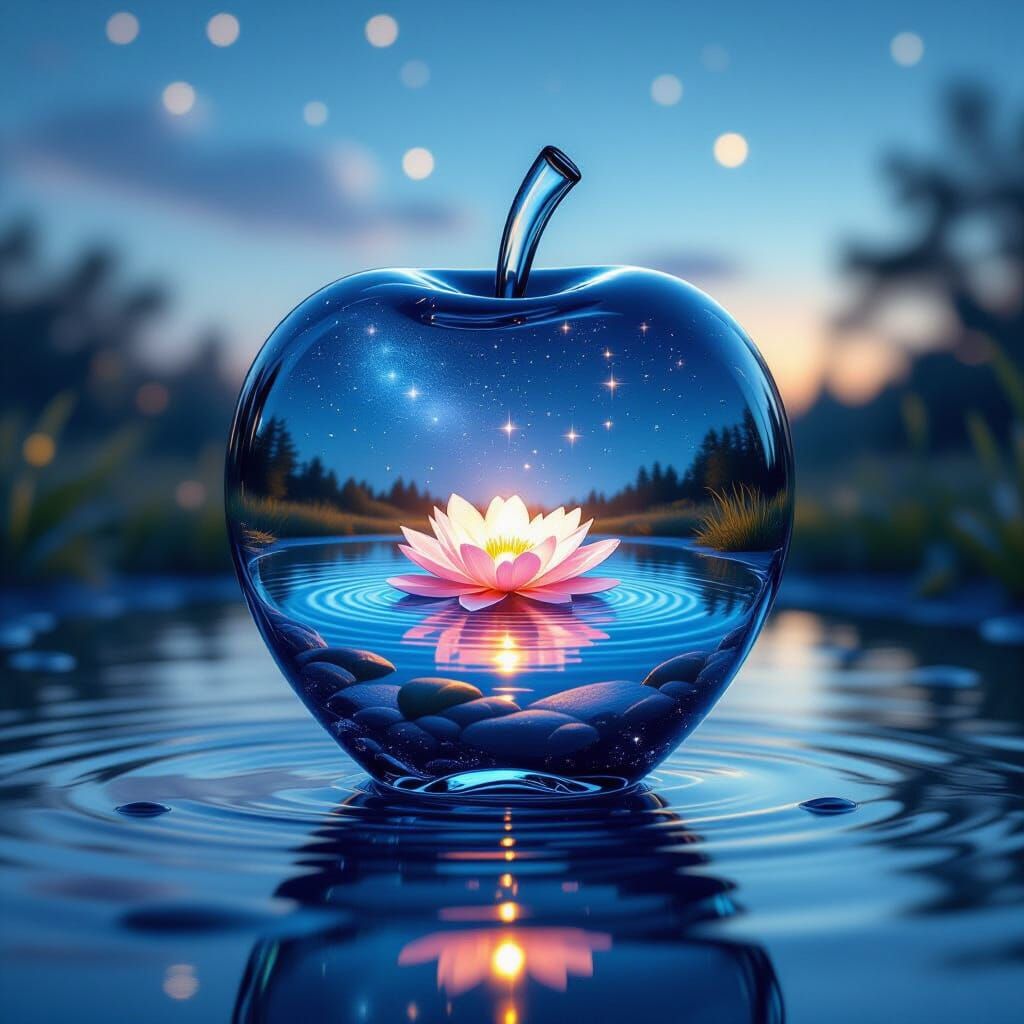 Glass Heart Apple with Fairy Pond and Starlit Reflection