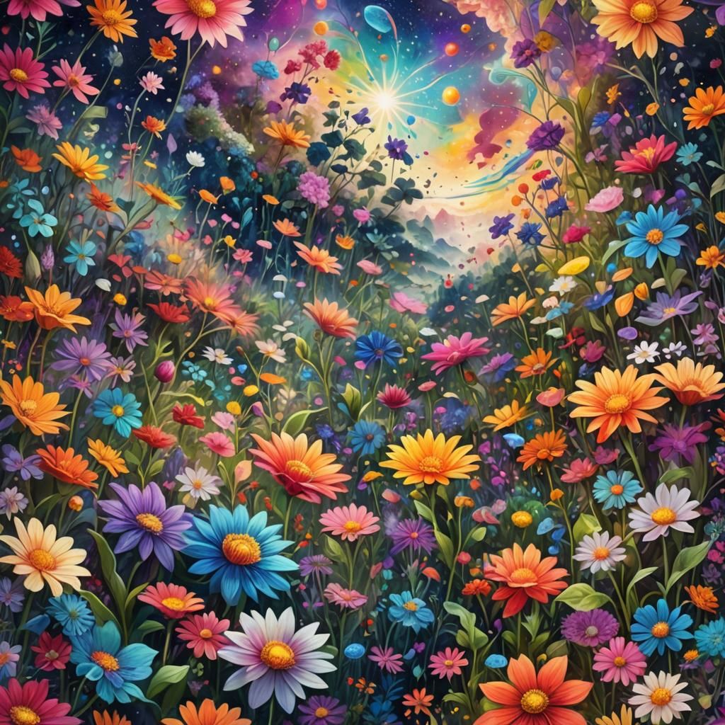 Cosmic Garden: Vibrant Astral Illustration in Mixed Media
