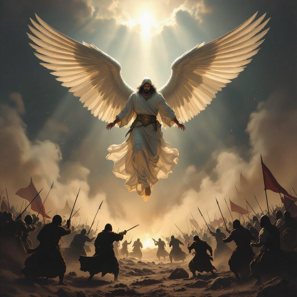 Angel Overseeing Battle of Badr in Epic Oil Painting Style