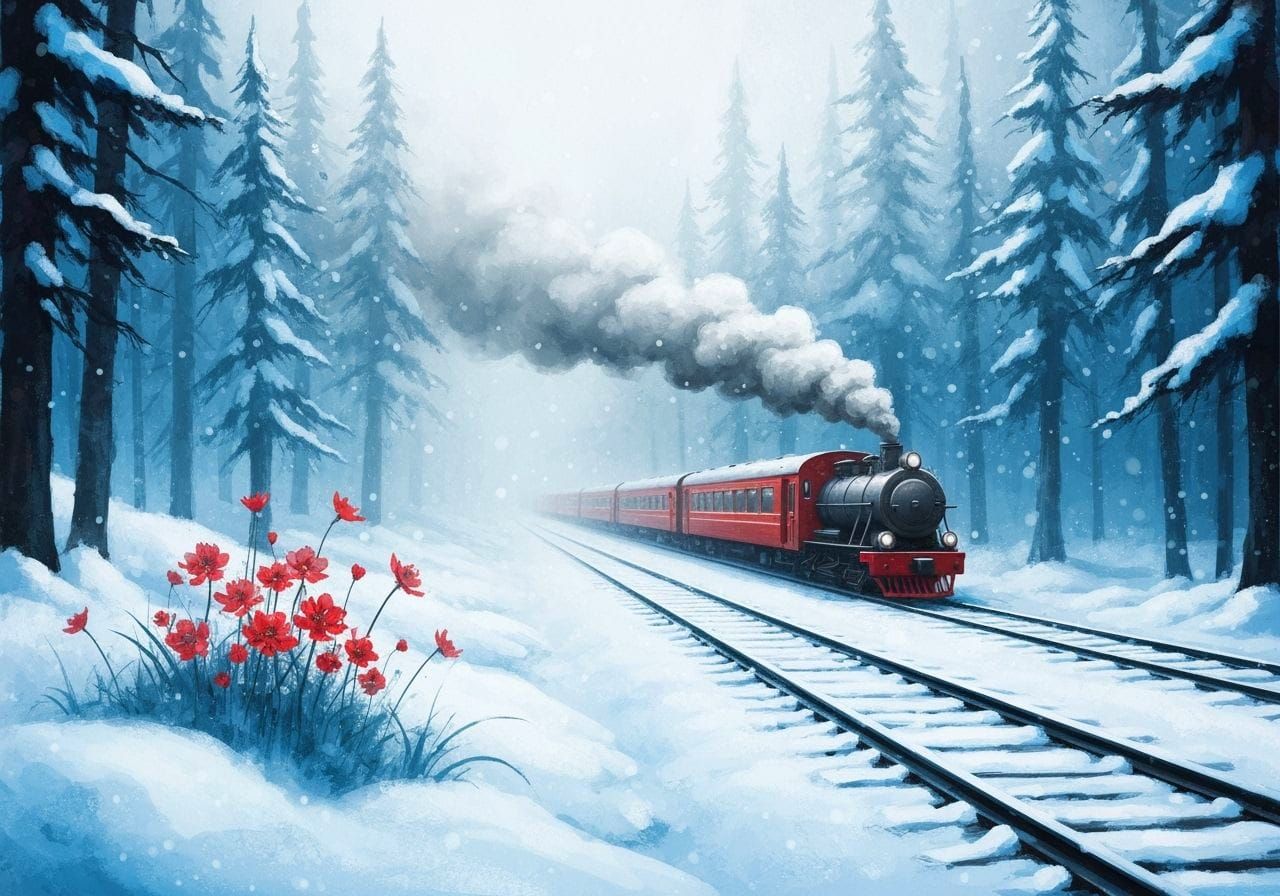 Ink Painting Of Winter Forest With Red Flowers and Vintage T...