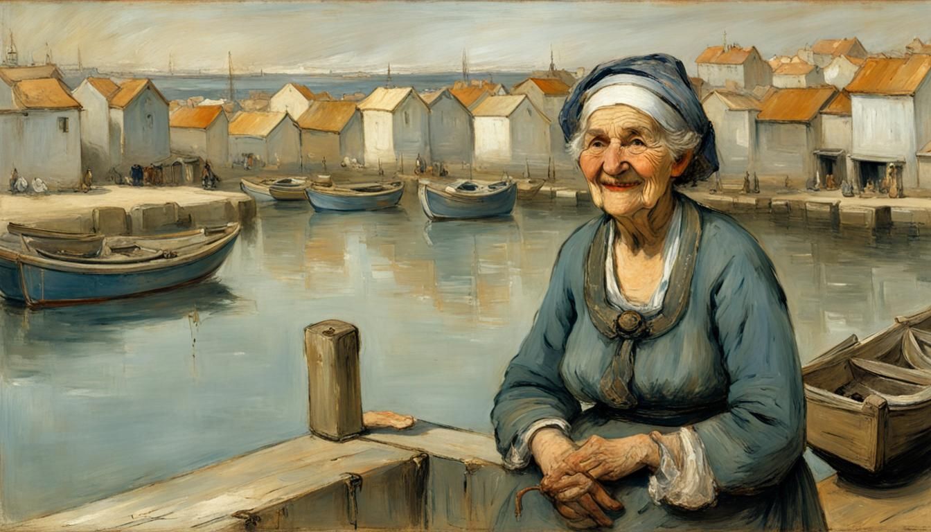 Smiling Fisherwoman in Naive Harbor Town Painting