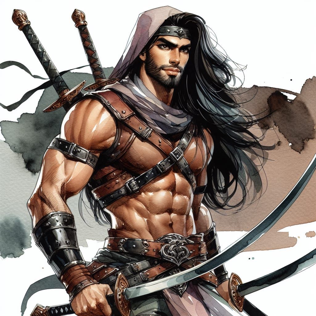 Arabian Warrior in Watercolor Fantasy Art