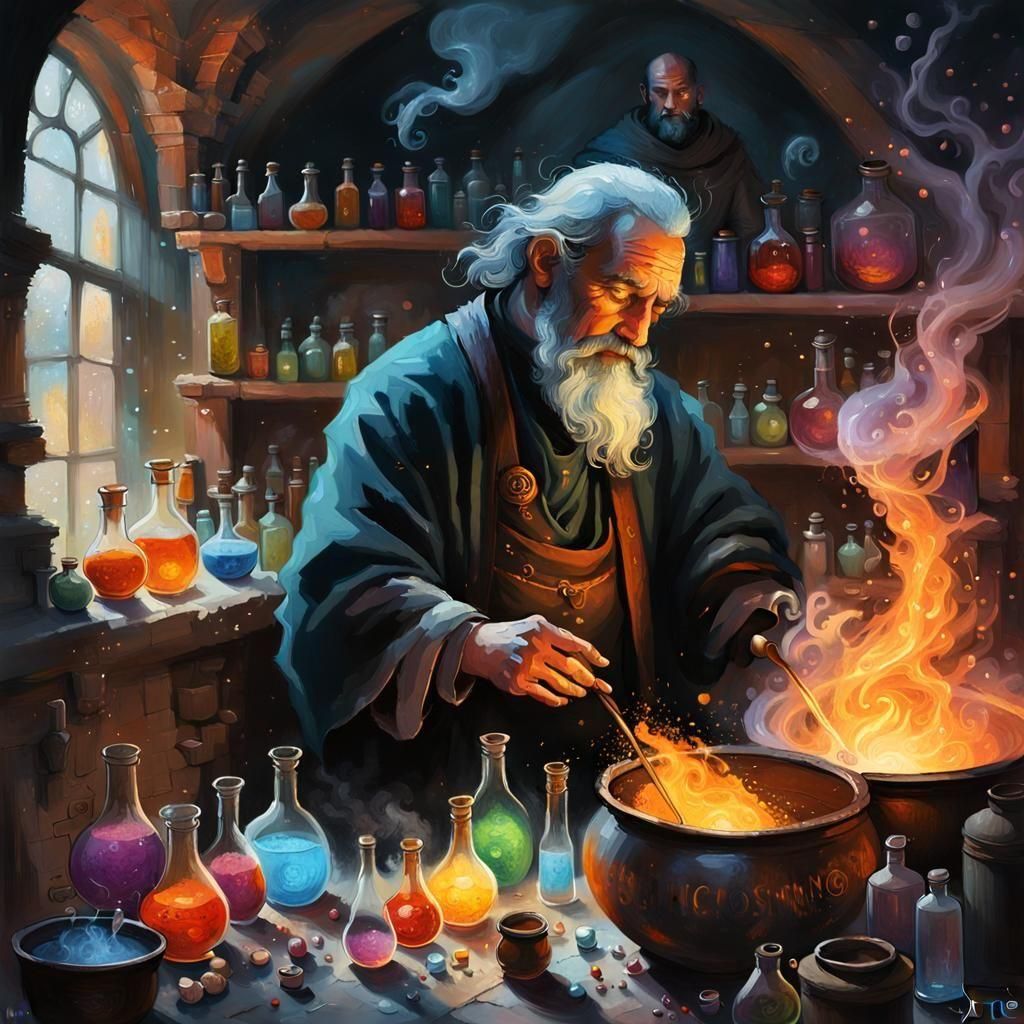 Mystical Alchemist in Dark Workshop with Colorful Potions
