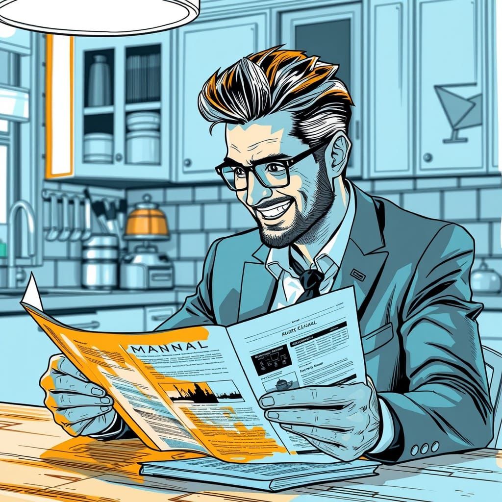 Vintage-Inspired Man Reads Manual in Black and White Ink Lin...