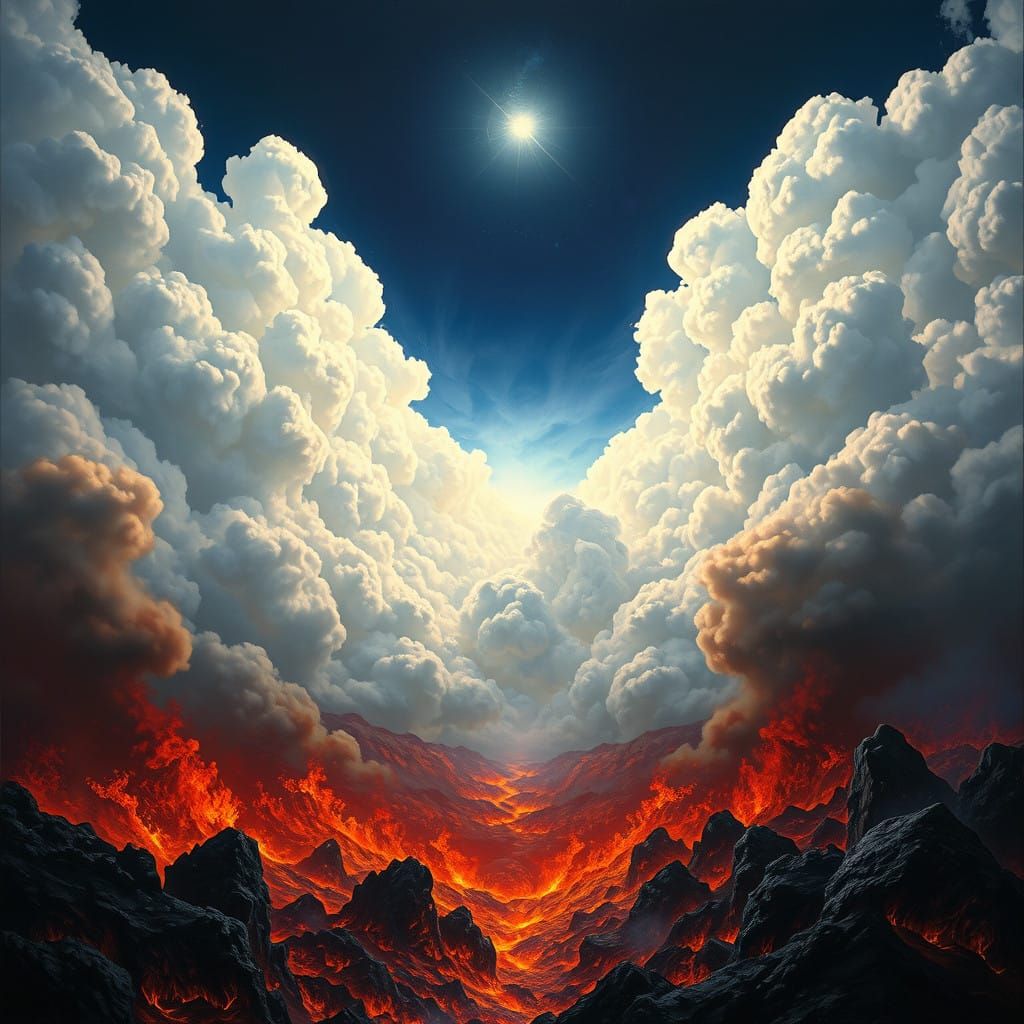 Surreal Landscape of Fiery Hellscape and Ethereal Heaven