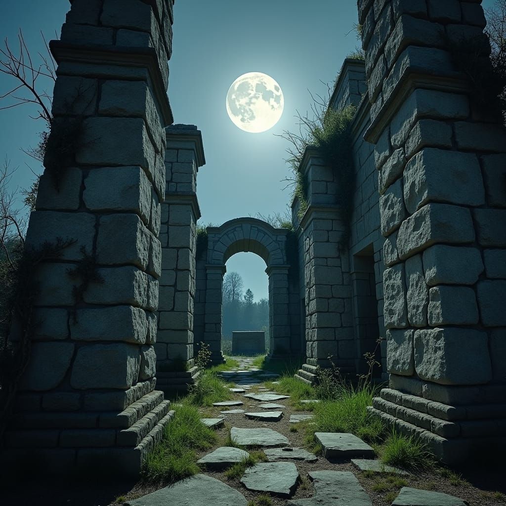 Moonlit Ancient Stone Ruins with Overgrown Vines