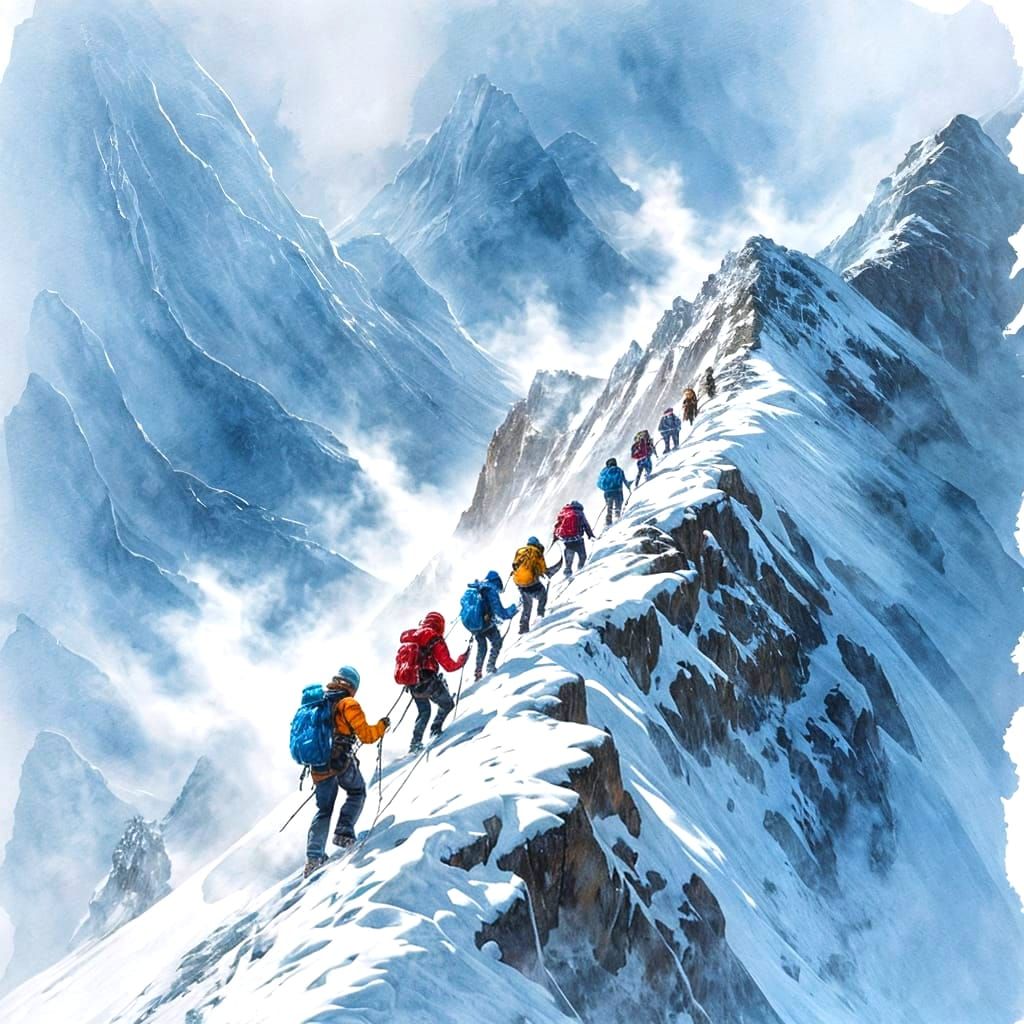 Climbers Battle Fierce Winds on Snowy Ridge in Watercolor St...