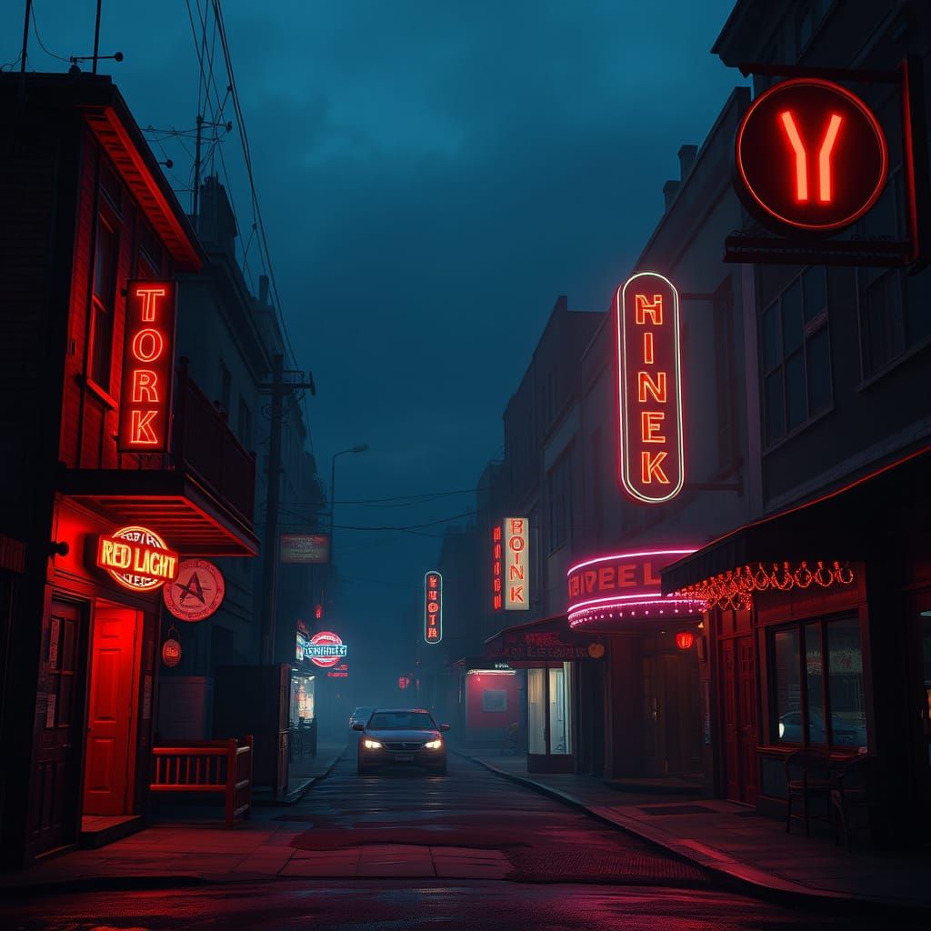 Surreal Film Noir Red-Light District at Dusk in Cinematic St...