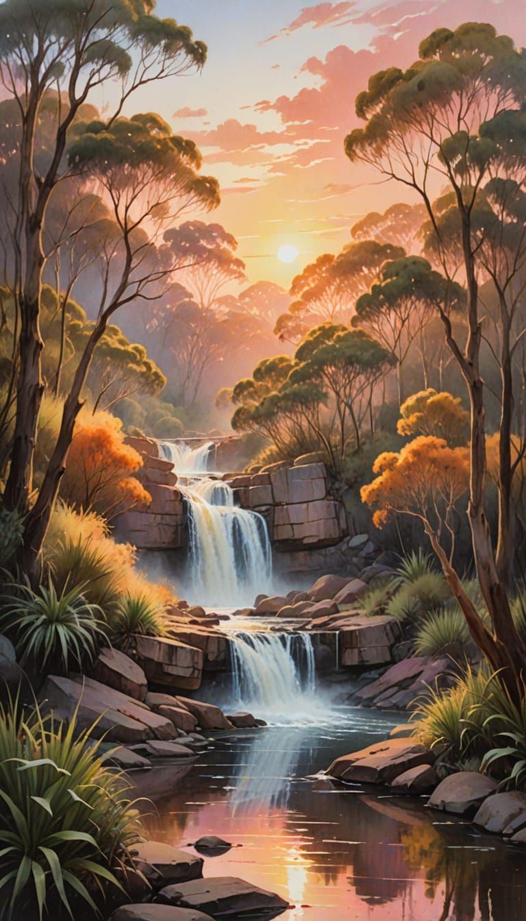 Watercolour Waterfall Sunrise in Australian Bushlands