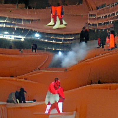 Figure in Red and Orange in Empty Stadium
