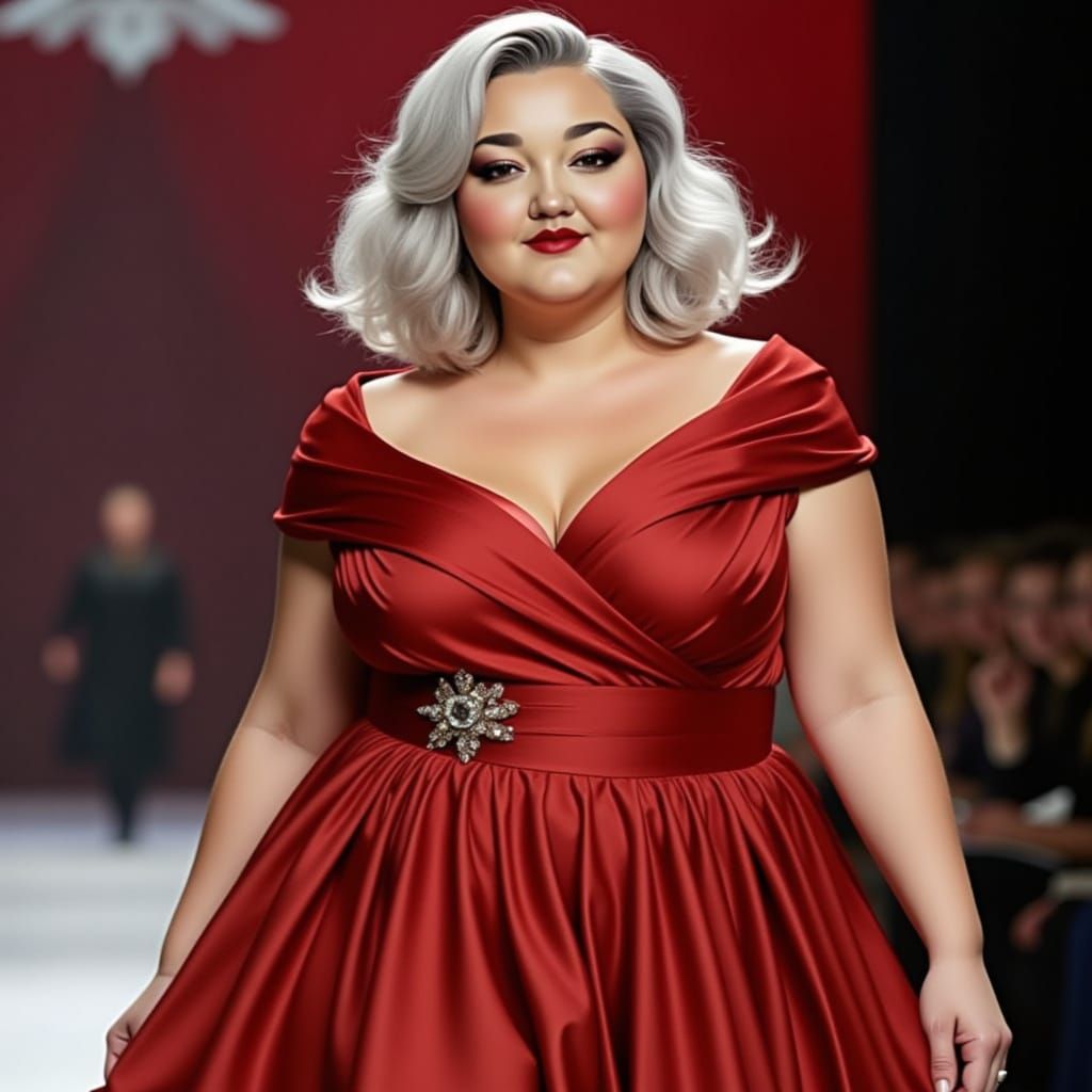 Plus-Size Model in Red Dress on Runway