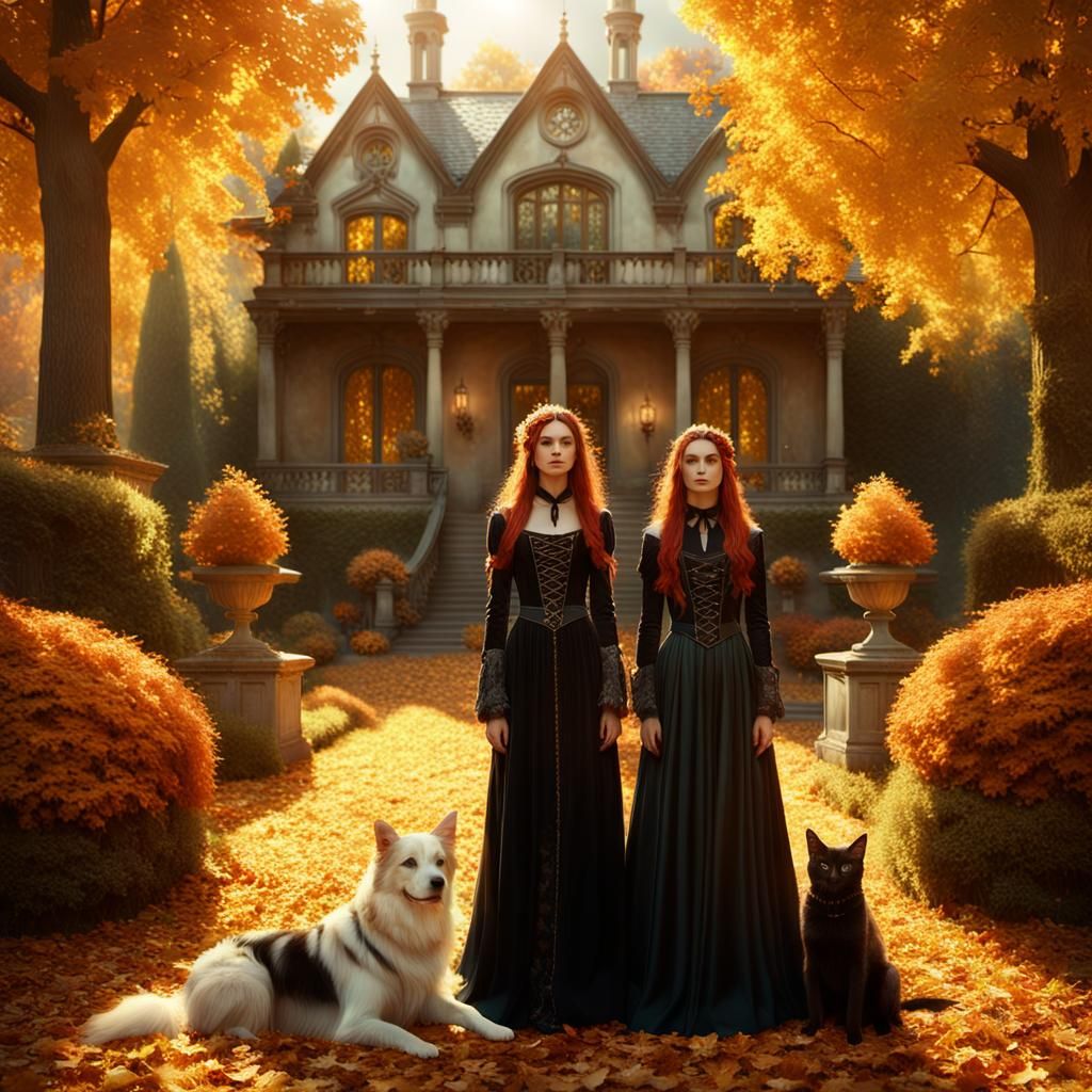 Gothic Goddesses in Autumn Garden: Romanticism Art
