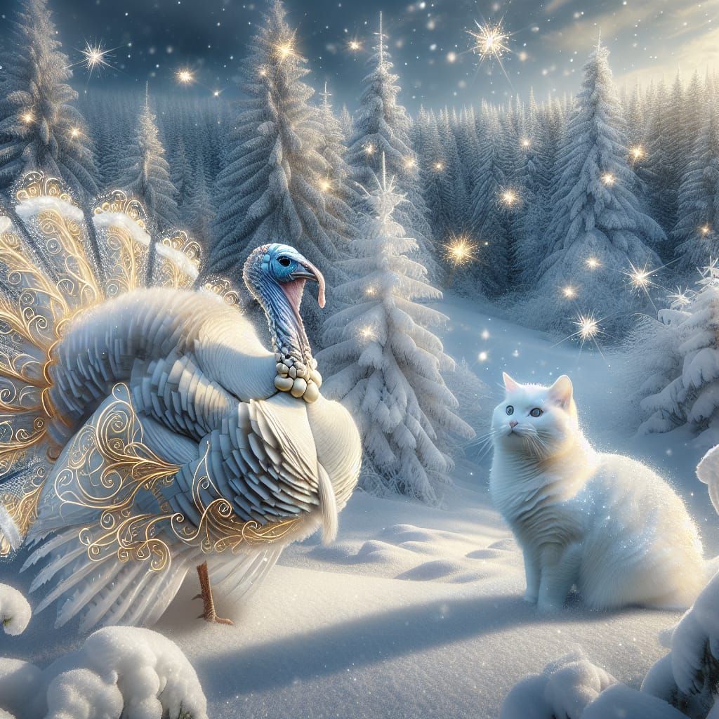 White Turkey and Cat in Snowy Landscape