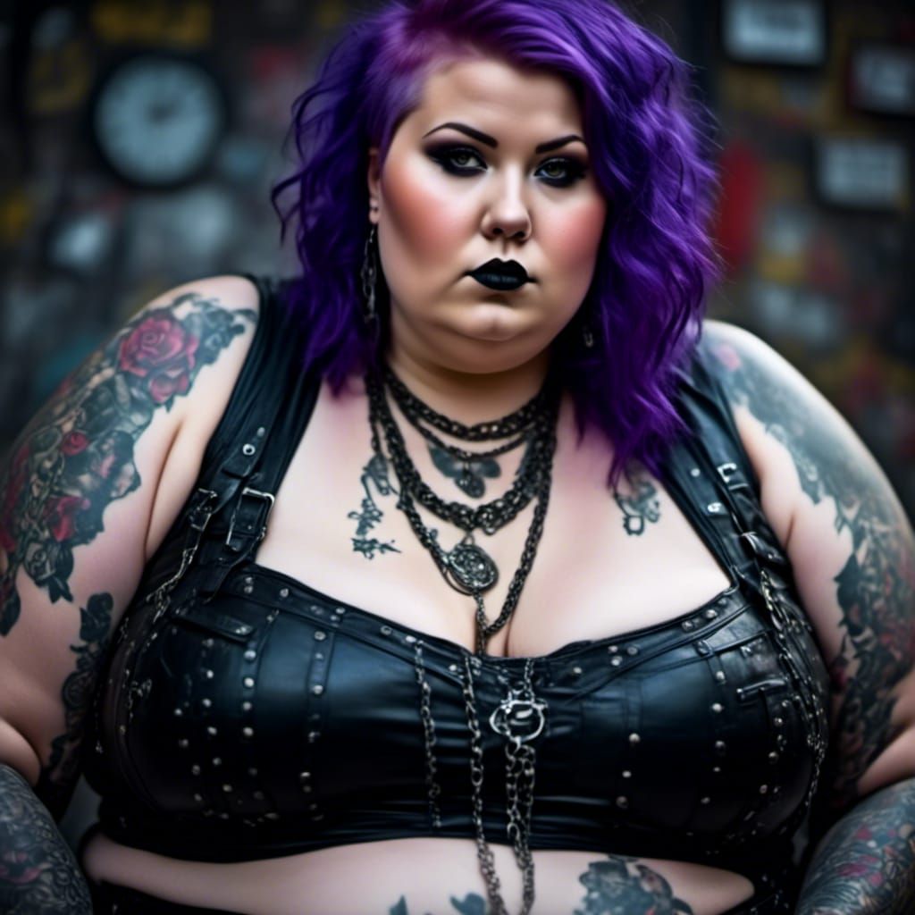 Gothic Curvy Woman with Iridescent Eyes in Punk Style
