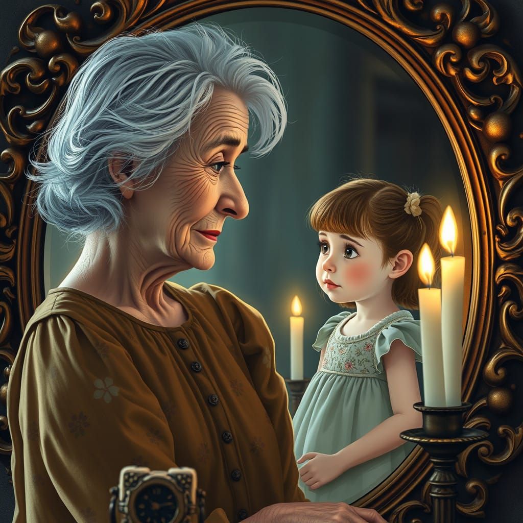 Elderly Woman Sees Herself as a Young Girl in Antique Mirror