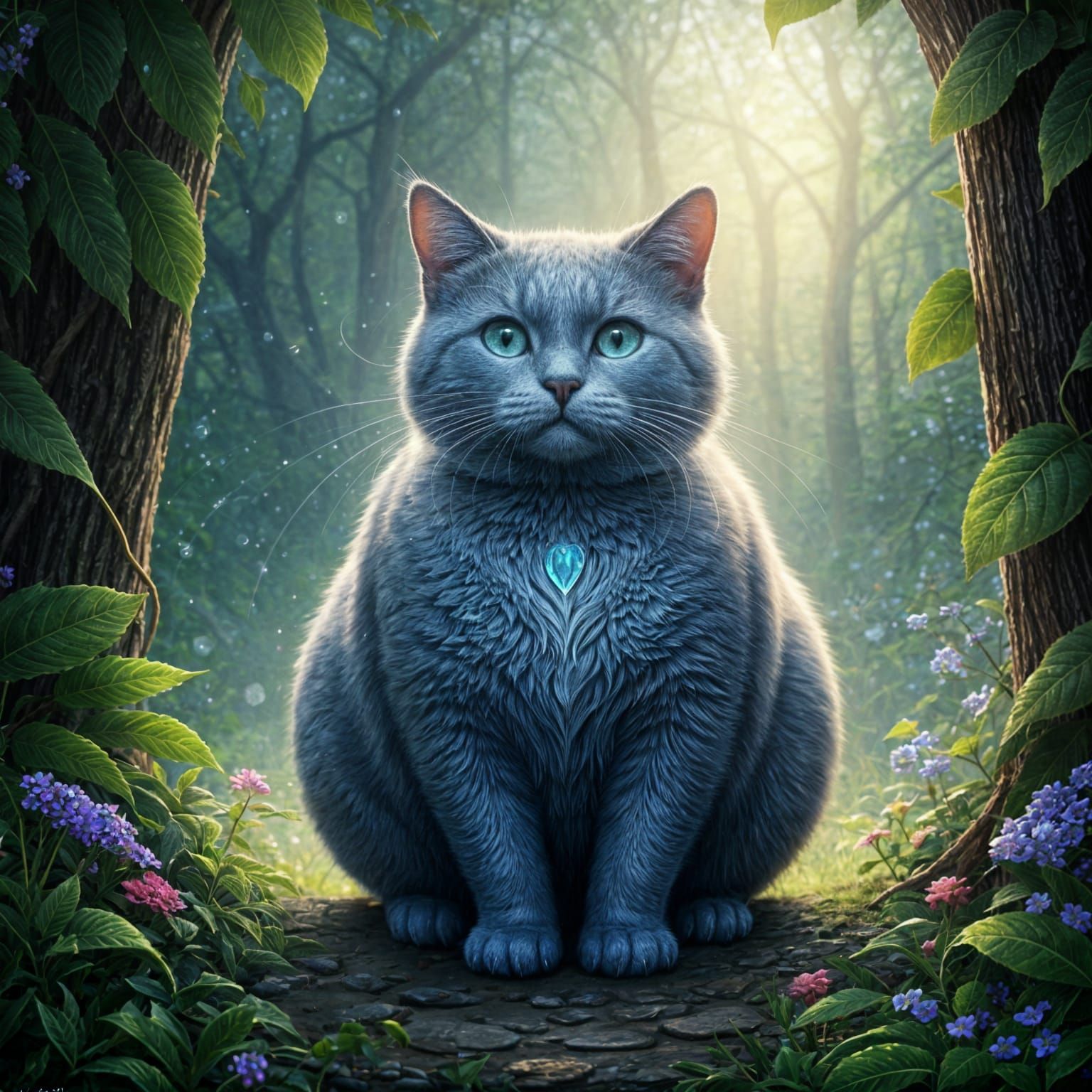 Whimsical Blue Cat in Enchanted Misty Landscape