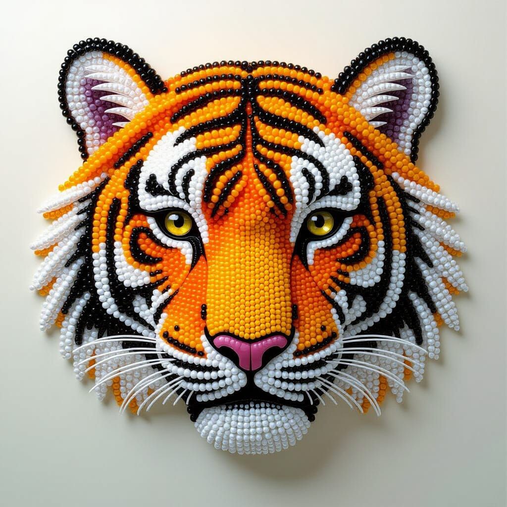 Beaded Tiger Portrait: Mosaic Art in Pointillism Style